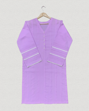 Lilac Stitched Solid Lawn Dress with Off-White Pant Trouser (2-Piece)