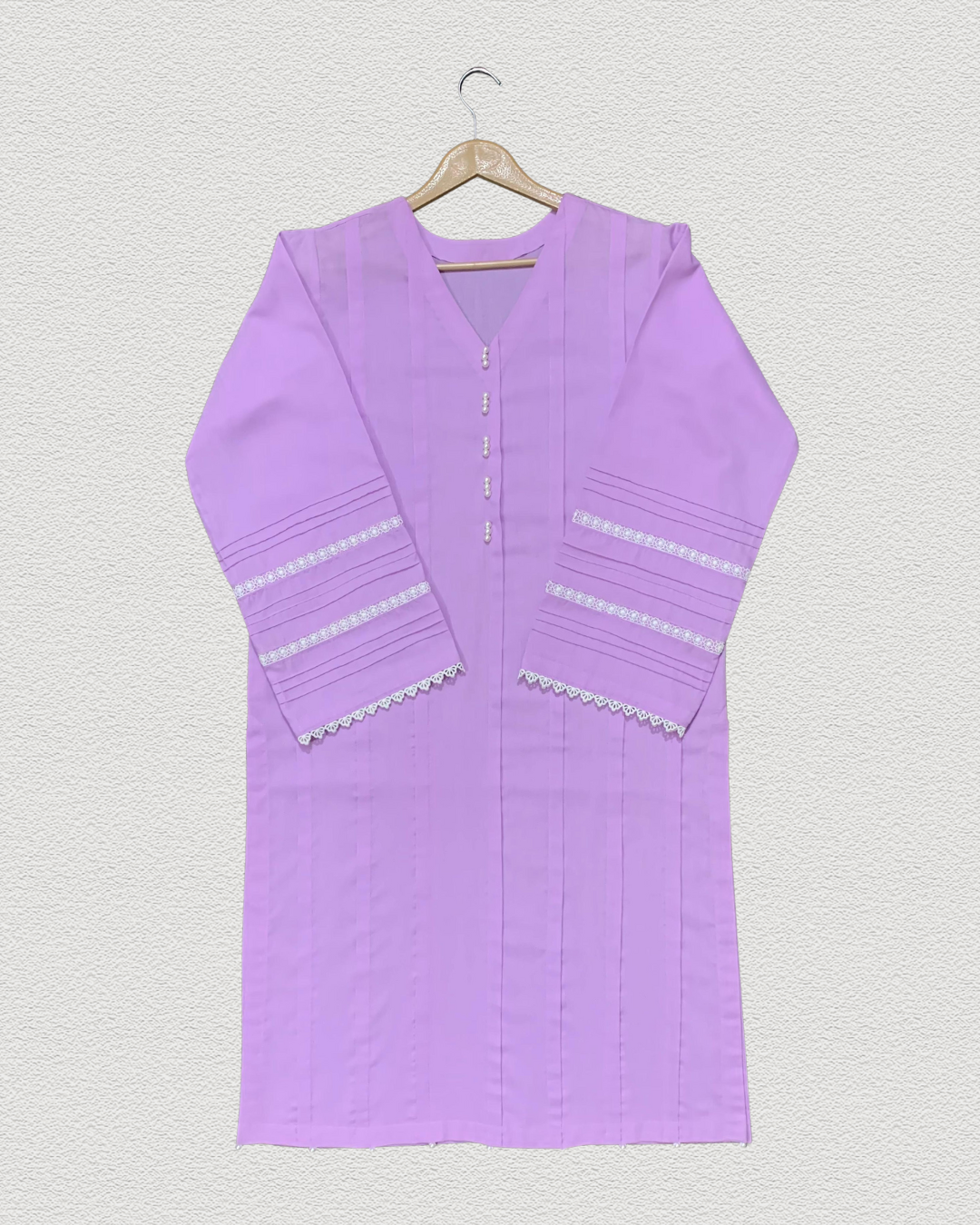 Lilac Stitched Solid Lawn Dress with Off-White Pant Trouser (2-Piece)