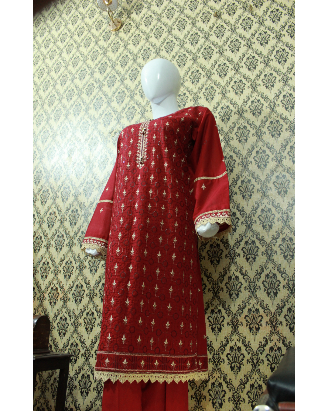 Maroon Embroidered Lawn 2-Piece Stitched Suit with Pant Trouser - Image 2