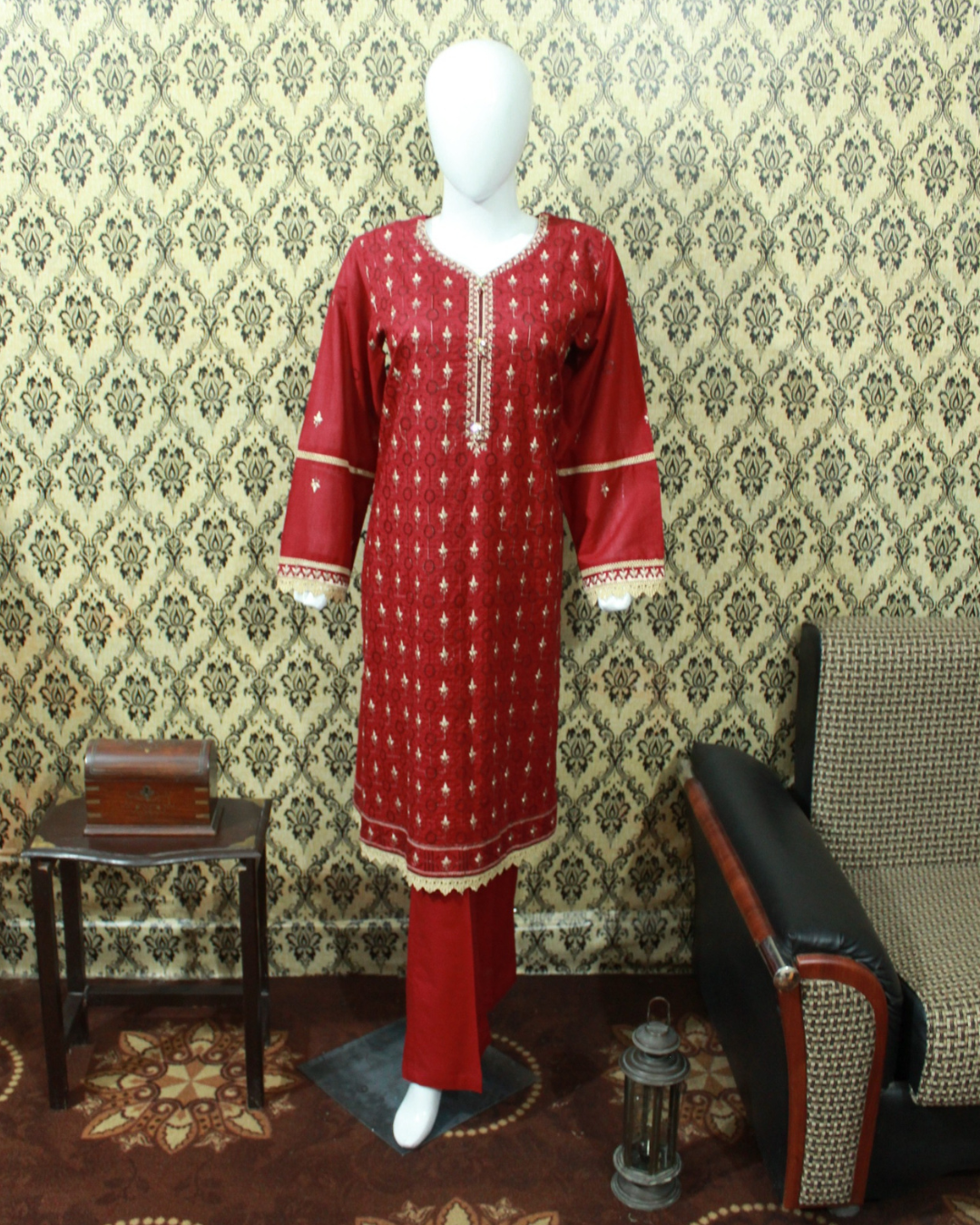 Maroon Embroidered Lawn 2-Piece Stitched Suit with Pant Trouser - Image 6