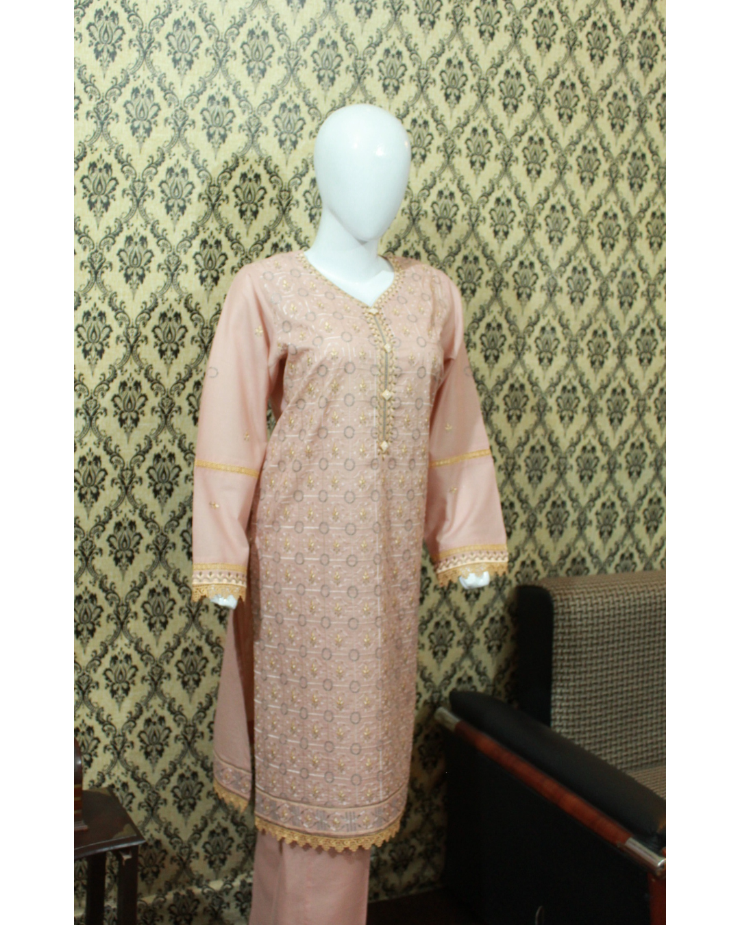 Pastel Peach Embroidered Lawn 2-Piece Stitched Suit with Pant Trouser
