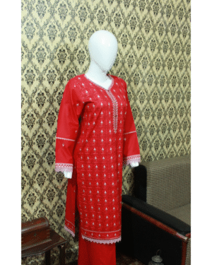 Bold Red Embroidered Lawn 2-Piece Stitched Suit with Pant Trouser