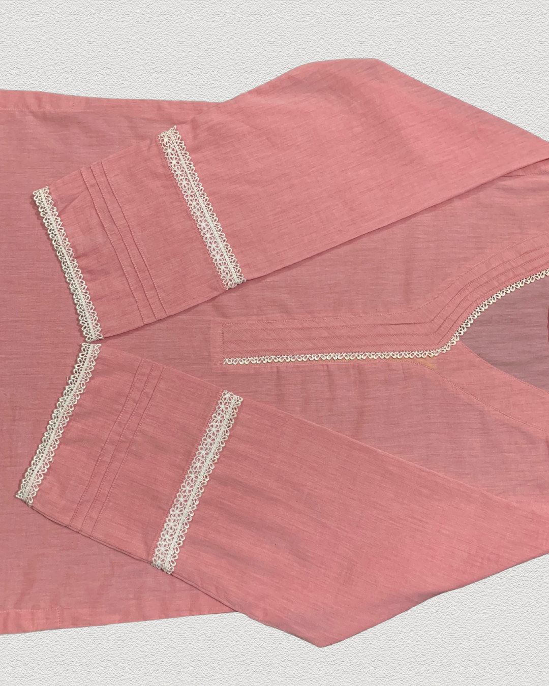 Salmon Pink Stitched Solid Lawn Dress with Off-White Pant Trouser (2-Piece) - Image 2