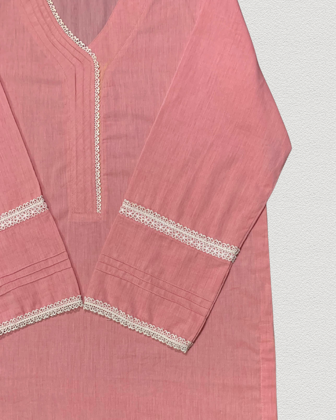 Salmon Pink Stitched Solid Lawn Dress with Off-White Pant Trouser (2-Piece) - Image 3