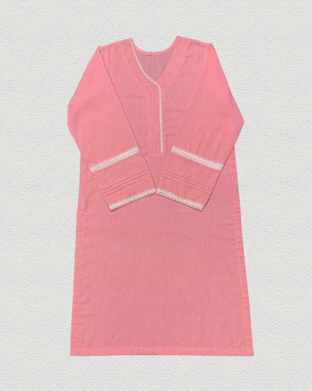 Salmon Pink Stitched Solid Lawn Dress with Off-White Pant Trouser (2-Piece)