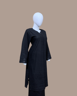 Elegant Black 2-Piece Chikankari Stitched Dress with Plain Pant Trouser