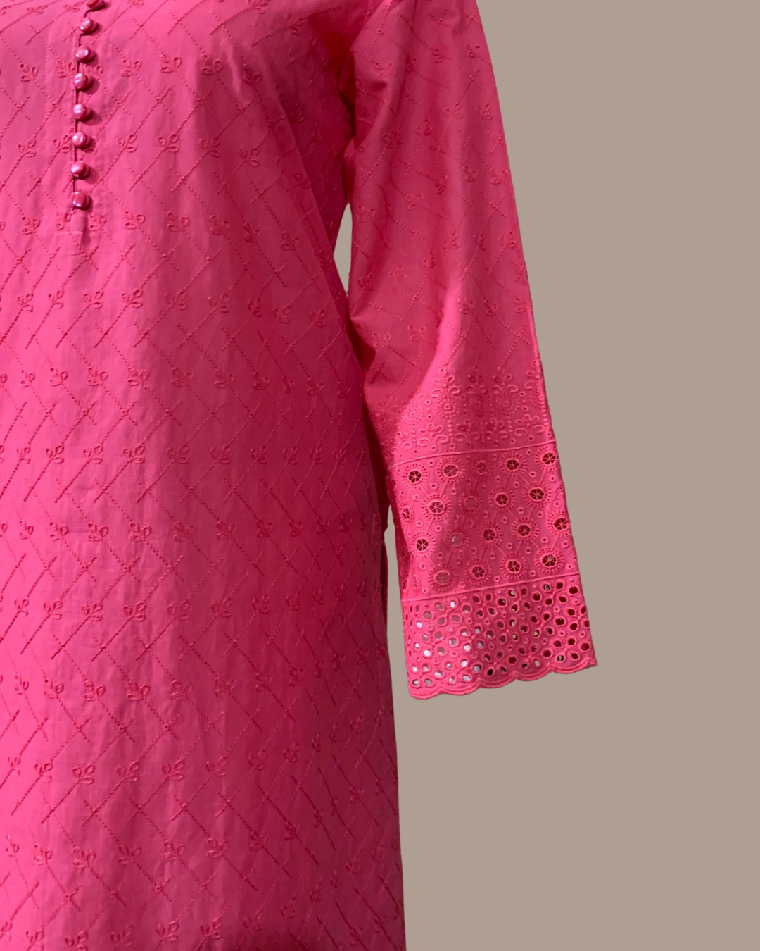 Dazzling Bubblegum Pink 2-Piece Chikankari Stitched Dress with Plain Pant Trouser - Image 2