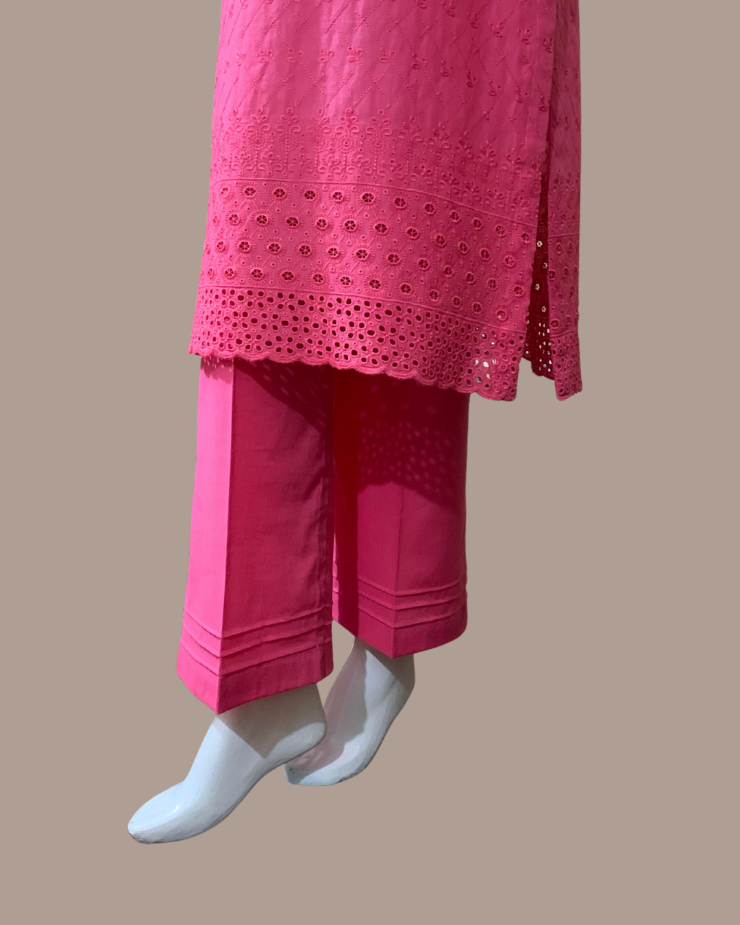 Dazzling Bubblegum Pink 2-Piece Chikankari Stitched Dress with Plain Pant Trouser - Image 3