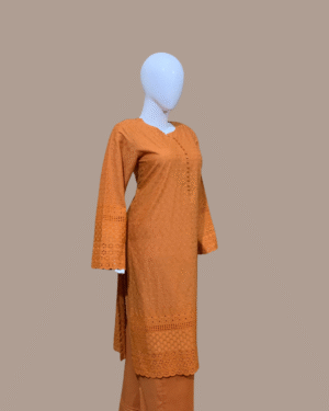 Glossy Orange 2-Piece Chikankari Stitched Dress with Plain Pant Trouser