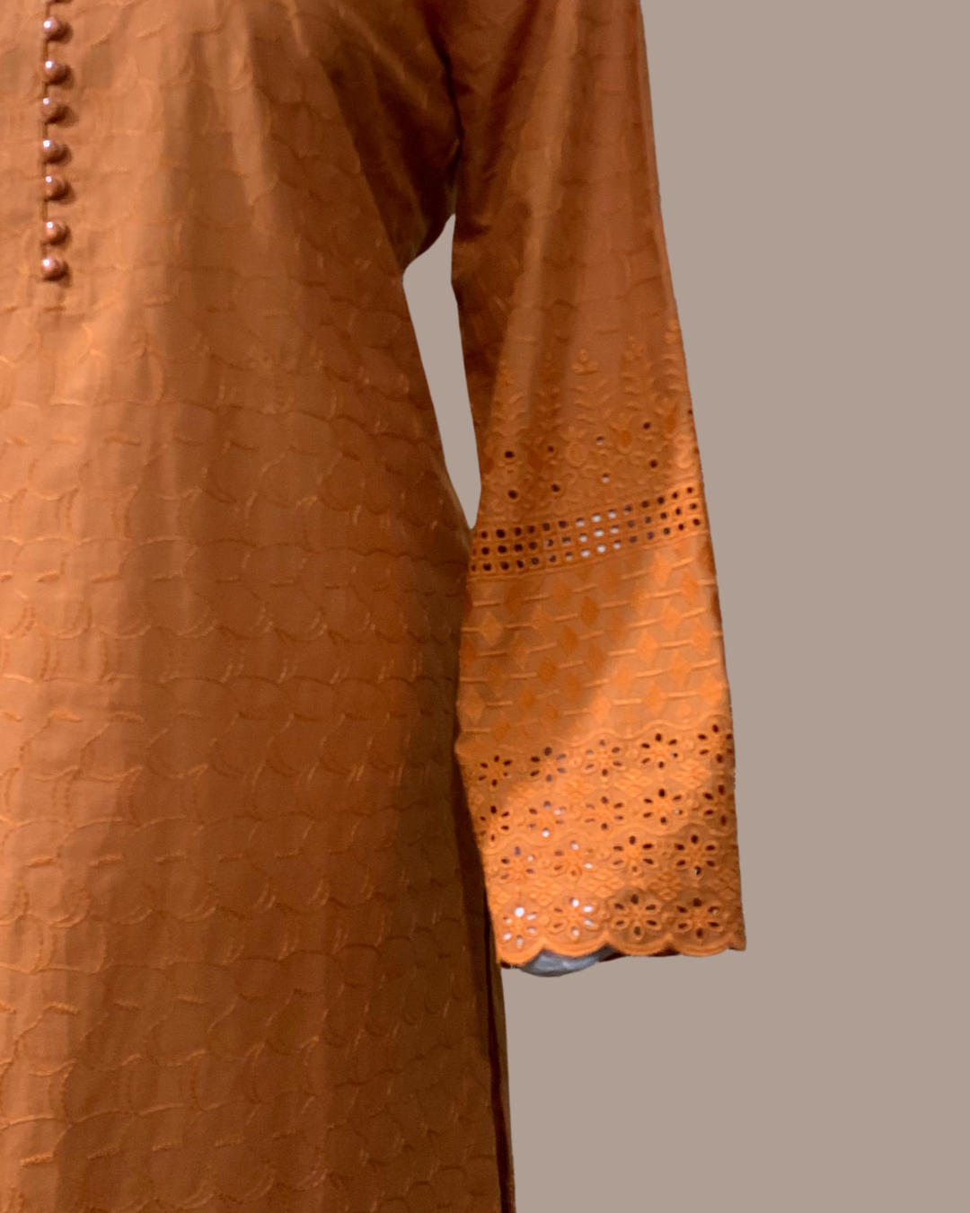 Glossy Orange 2-Piece Chikankari Stitched Dress with Plain Pant Trouser - Image 2