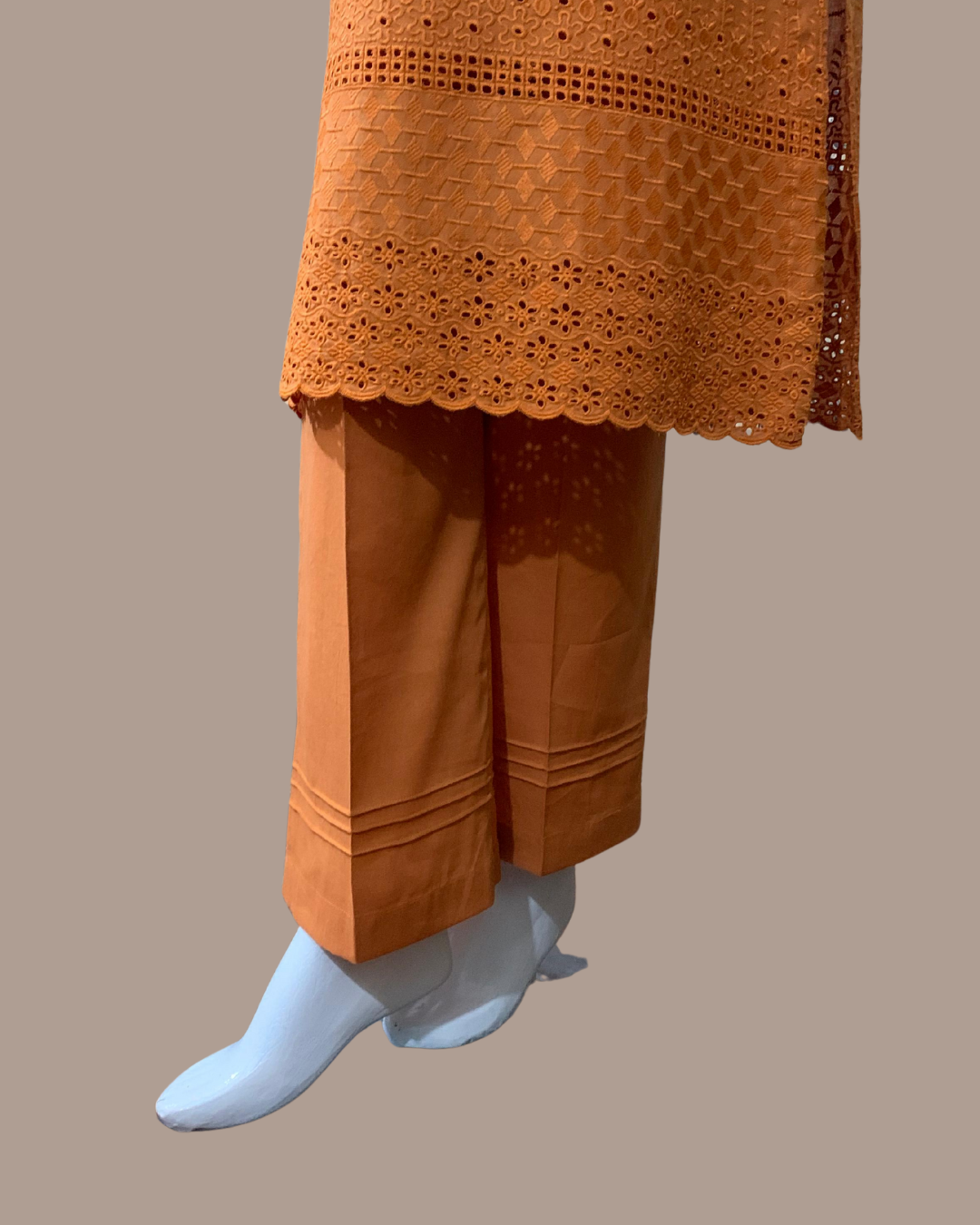 Glossy Orange 2-Piece Chikankari Stitched Dress with Plain Pant Trouser - Image 3