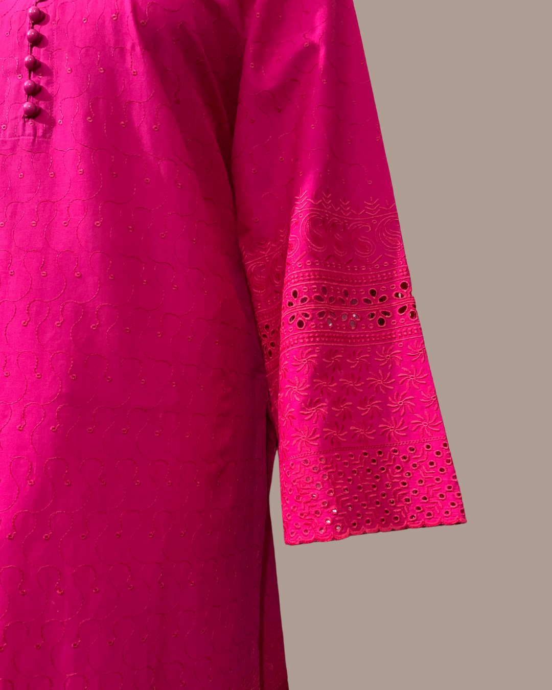 Striking Shocking Pink 2-Piece Chikankari Stitched Dress with Plain Pant Trouser - Image 2